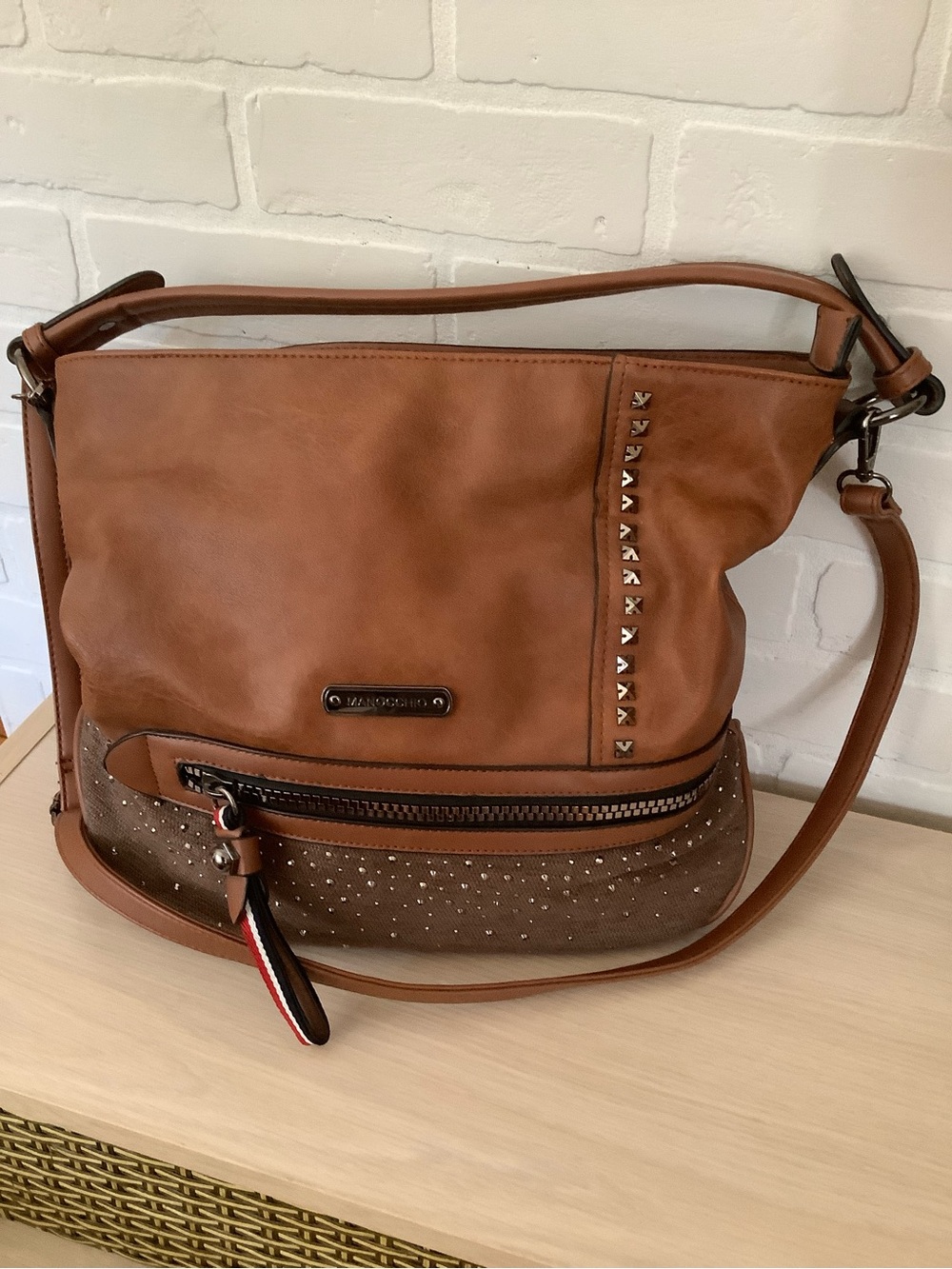 Convertible Tan Shoulder Bag with Stud and Zip Accents